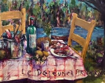 Original Stilllife Lunch on River Acrylic on Canvas Painting Wine Seafood