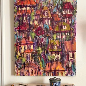 Urban Landscape Colorful Buildings Houses on a Hill 30”x24” Lockdown Looking Out
