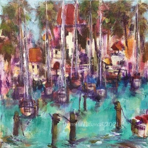 Sailboats at Anchorage Tropical Marina Small Acrylic Painting 10”x10” on Canvas