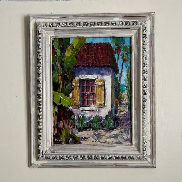 seaside cottage Original acrylic painting on canvas - Weekend at the Beach -16x12" framed