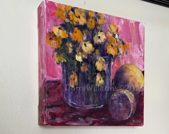 Original acrylic painting One of a Kind 8”x8” Flowers & Lemons