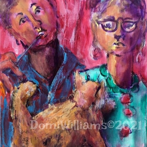 Cat with Humans Original Acrylic Painting on Canvas 14”x11”