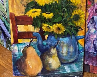 Stilllife Acrylic Painting on Canvas 20”X16” Pears & Sunflowers- Sold Without Frame