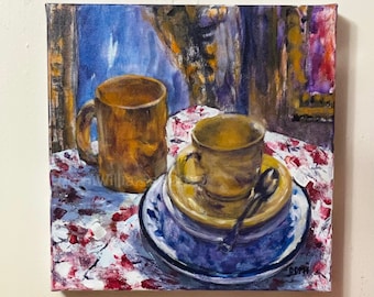 Original Small Acrylic Painting Stilllife with Yellow Cup