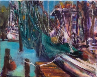 Original Boat Painting Shrimpboat Drying Nets 8”X10” Acrylic on Canvas