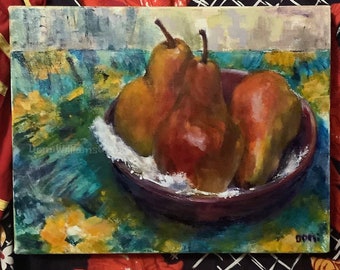 Original Acrylic Painting - 3 Pears in Red Bowl 11”x14”