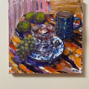 Painting Original Stilllife 12”x12”Acrylic-Limes with Blue Cup