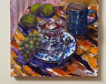 Painting Original Stilllife 12”x12”Acrylic-Limes with Blue Cup