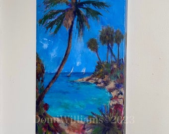 Original Seascape Tropical Acrylic Painting Sailboats Palm Tree 24”X12”