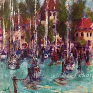 Sailboats at Anchor in Tropical Marina Small Original Acrylic Painting 10”x10”