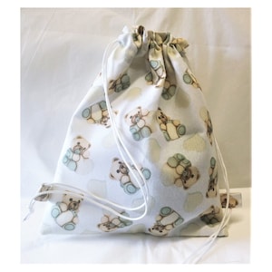 Rucksack mit blauem Teddybär, handgefertigt, versandfertig, Baumwollrucksack, Schwimmbad- oder Kindergarten-Freizeittasche - H 40 cm x B 32 cm