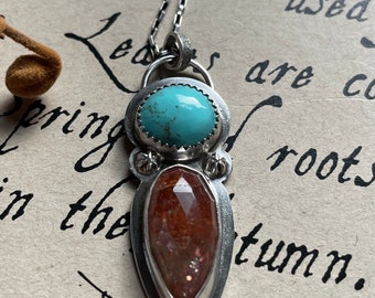 Sunstone and turquoise pendant sterling silver necklace