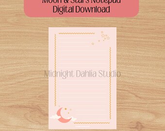 Blocco note stampabile Luna e stelle / Corallo celeste rosa / Stampa / Download digitale