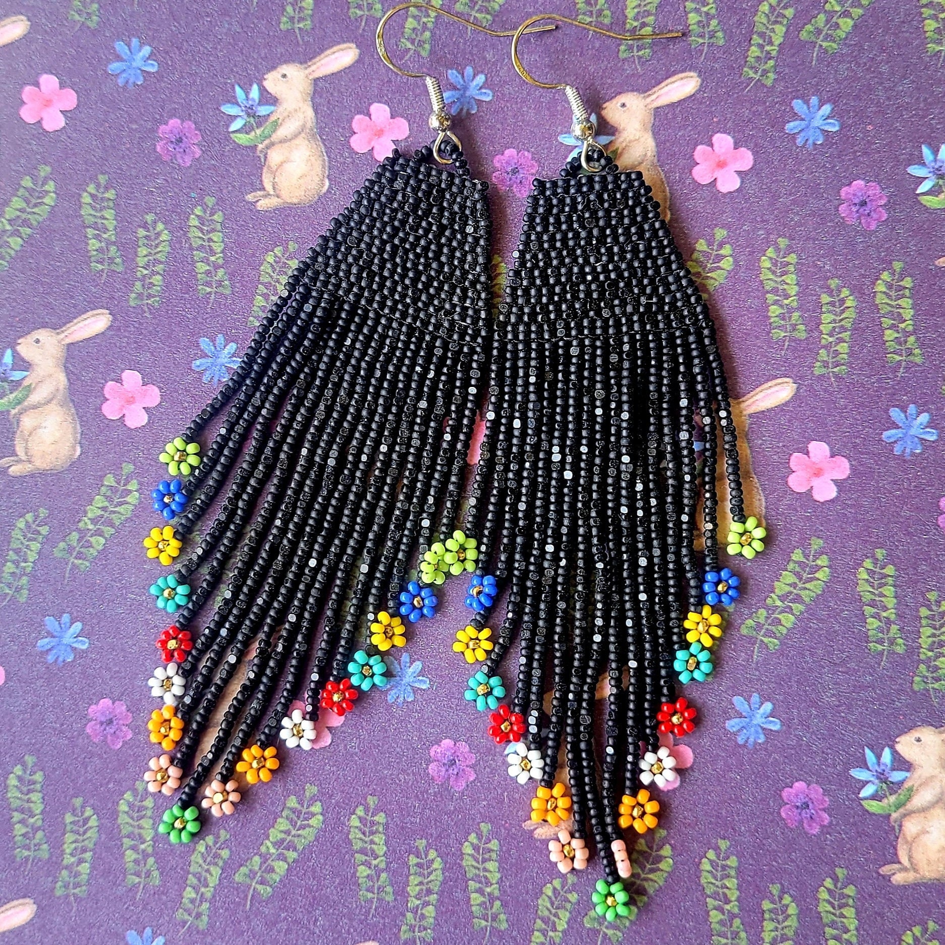 Matte black sparkly beaded earrings long dangly fringe Etsy