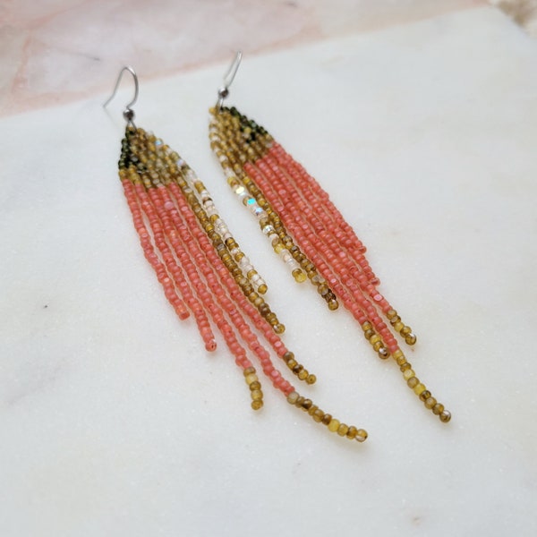 Sockeye Salmon, Charlotte Cut Beaded Fringe Earrings