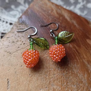 Puede incluir: Un par de pendientes hechos a mano con cuentas. Cada pendiente presenta un racimo de cuentas naranjas que se asemejan a una baya, con un tallo y una hoja verdes. Los pendientes cuelgan de ganchos plateados.