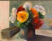 Original Oil Painting, 9x12 Light Bright , Art, Flowers, Antique, green, white, red, yellow, wall decor, vase, sunlight, home design