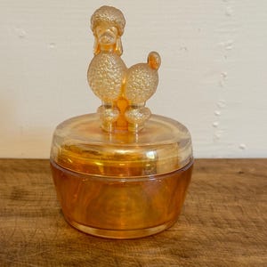 Vintage Peach Lustre Carnival Glass Jeanette Carnival Glass French Poodle Powder Container 1940-1950s Trinket Dish Candy Dish Lidded
