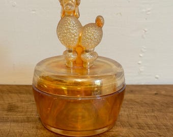 Vintage Peach Lustre Carnival Glass Jeanette Carnival Glass French Poodle Powder Container 1940-1950s Trinket Dish Candy Dish Lidded