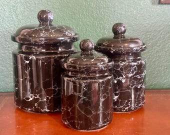 Vintage Set of 3 Black Ceramic Canisters Glossy Marble Finish Containers Kitchen Decor
