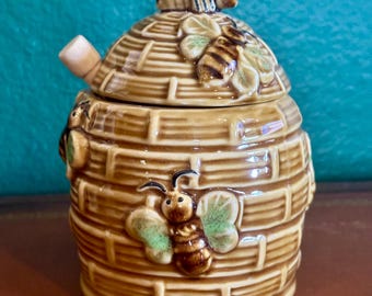 Vintage Beehive Ceramic Honey Pot with Wooden Dipper Bees