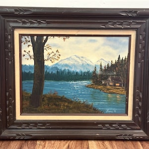 Vintage Wooden Framed Mountain Cabin Lake Landscape Scenery Fall Autumn Signed Painting