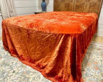 Vintage 1970s Orange Crushed Velvet Full Queen Bedspread & Matching Pleated Curtain 70s Mid Century MCM Soft Bedding