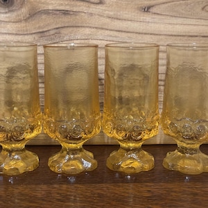 Vintage Set of 4 Cornsilk Tiffin Franciscan Iced Tea Glasses | Tiffin Franciscan Madeira Iced Tea Glasses | Yellow Glassware Heavy Retro