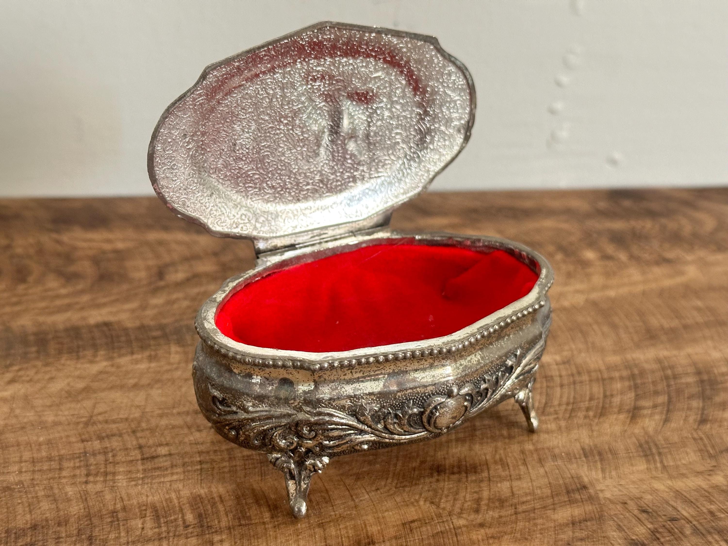 Vintage Silver Plated Footed Jewelry Box Japan Embossed Silver