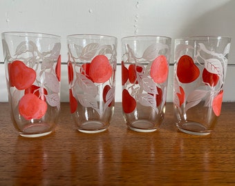Set of 4 Vintage Libbey Apple Juice Glasses Painted White Leaves MCM Tumblers Retro Vtg Glassware