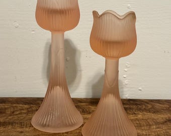 Vintage Frosted Pink Glass Tulip Candle Holders | Votive Candle Holders Taper Candlesticks Candle Center Pieces | Romantic Lighting