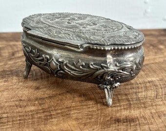 Vintage Silver Plated Footed Jewelry Box Japan Embossed Silver