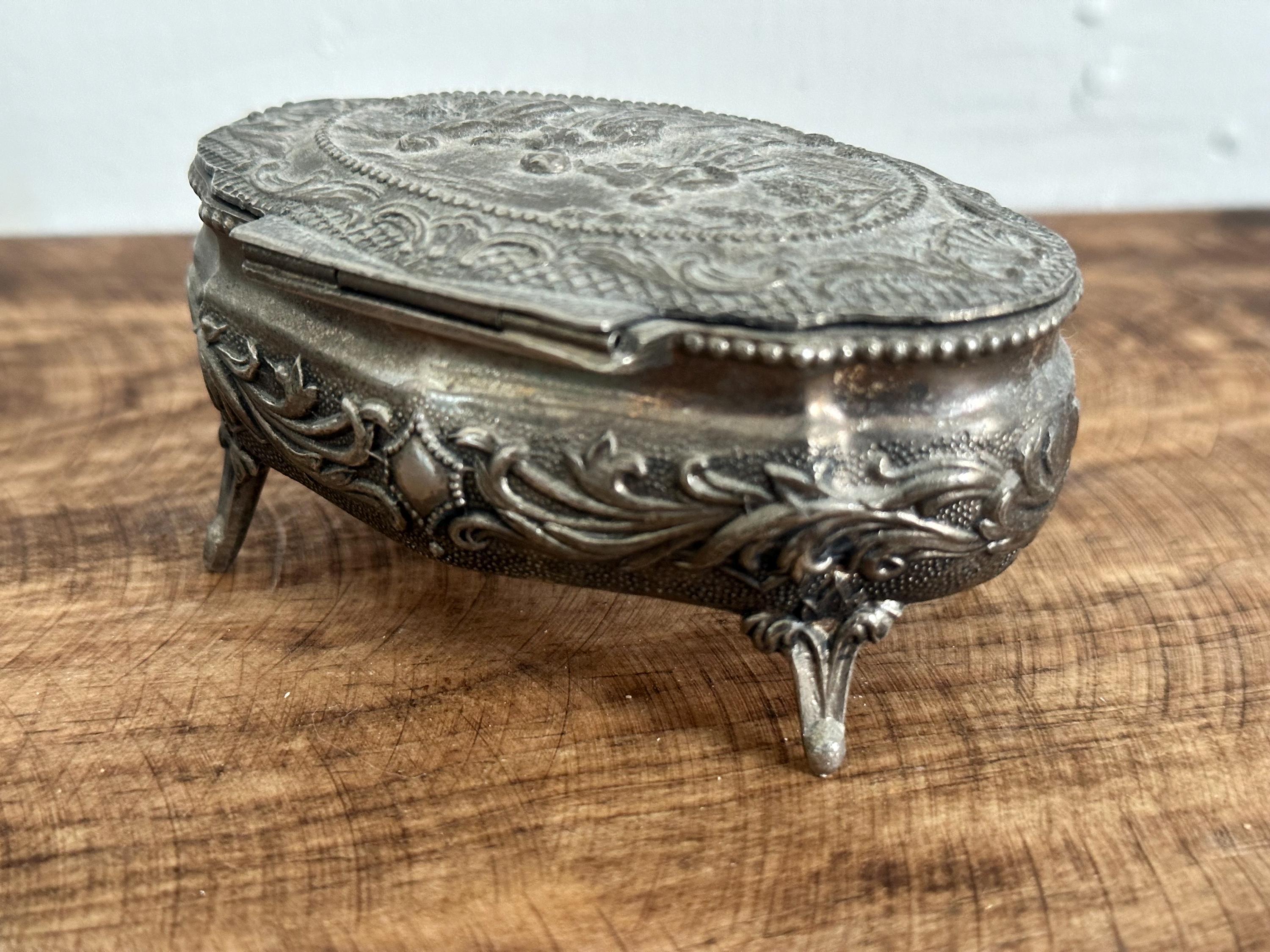 Vintage Silver Plated Footed Jewelry Box Japan Embossed Silver