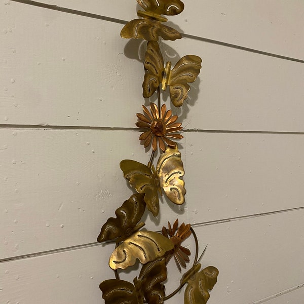 Vintage Wall Hanging Metal Flowers Butterflies Home Interiors Copper Brass Decor MCM Retro