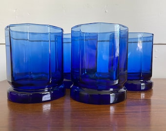 Vintage bleu cobalt Anchor Hocking Essex lowball verres, lot de 4