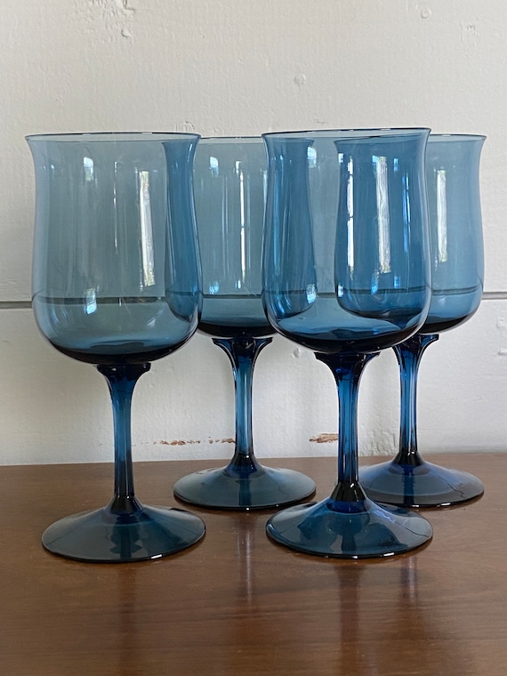 Set of 4 Vintage Blue Lenox Water Wine Glasses Drinking 