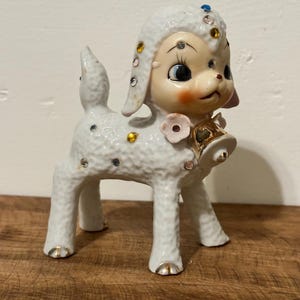 Vintage Anthropomorphic Jeweled Lamb Figurine, Bisque Face Animal, Gold Bell Pink Flowers, Easter Decor, Nursery Decor, Japan Lamb Figurine