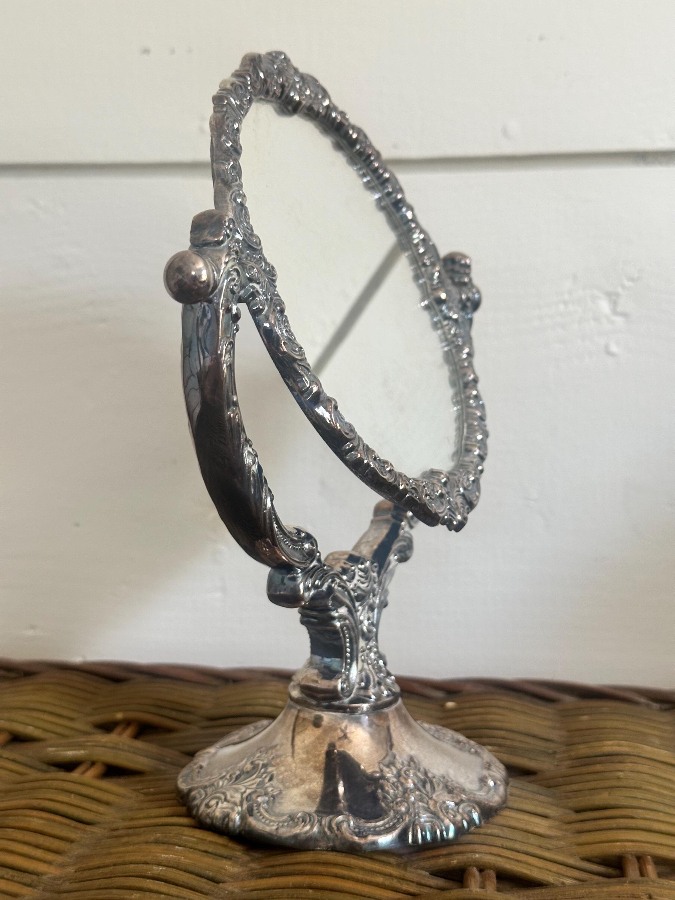 Vintage 1940s Silver Plated Tabletop Vanity Mirror Baroque