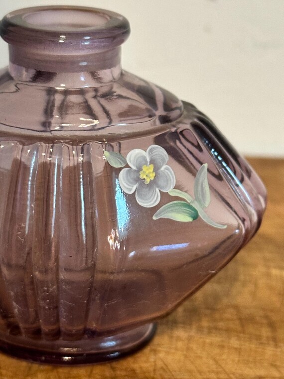 Vintage Fenton Amethyst Purple Glass Hand Painted Flowers Perfume