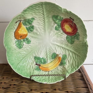 Vintage Italian Majolica Pottery Cabbage Leaf Large Serving Bowl Painted Fruits Designs Antique Italy