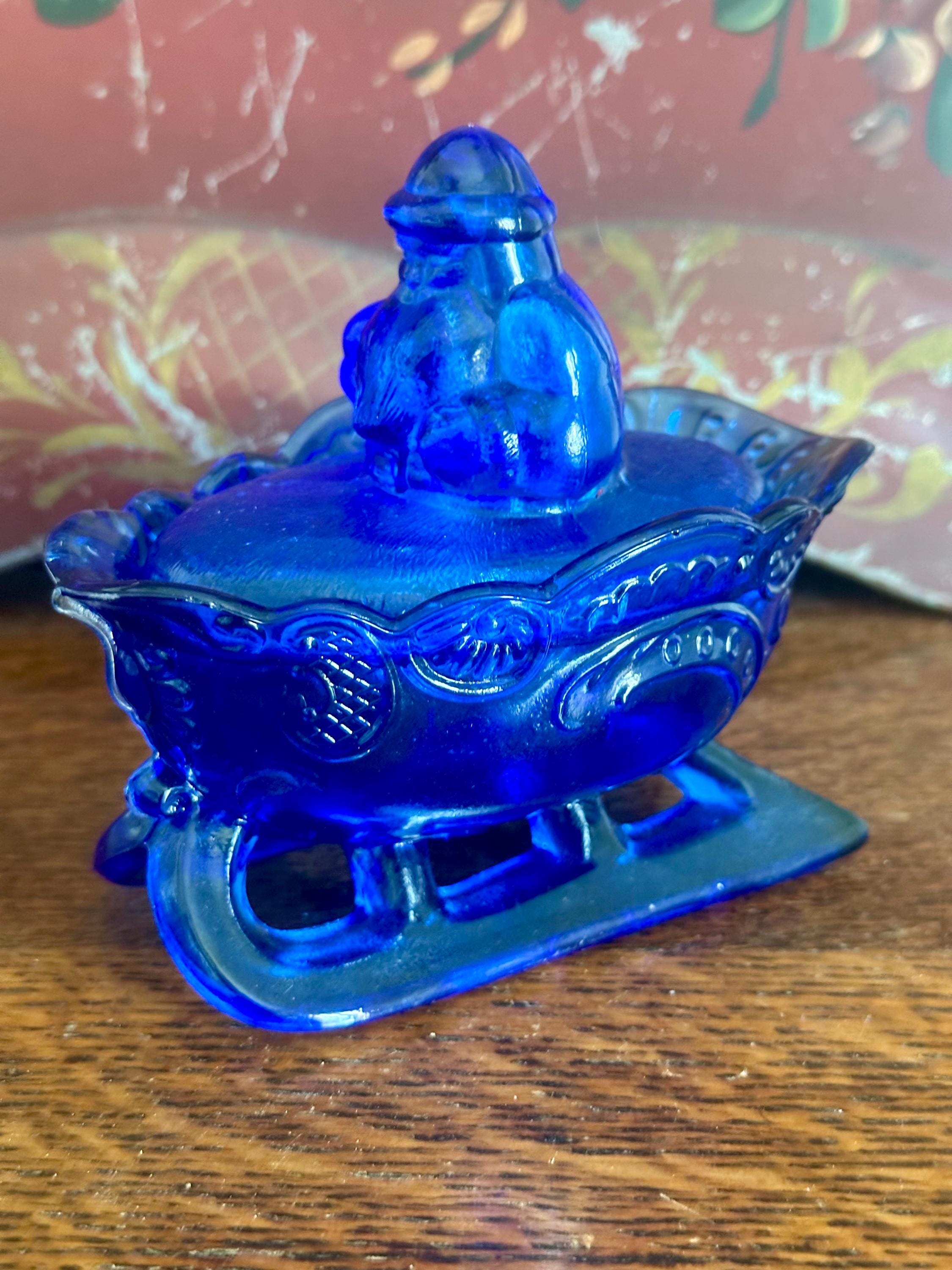 VINTAGE MOSSER/WESTMORELAND Cobalt Blue Glass Santa on Sleigh