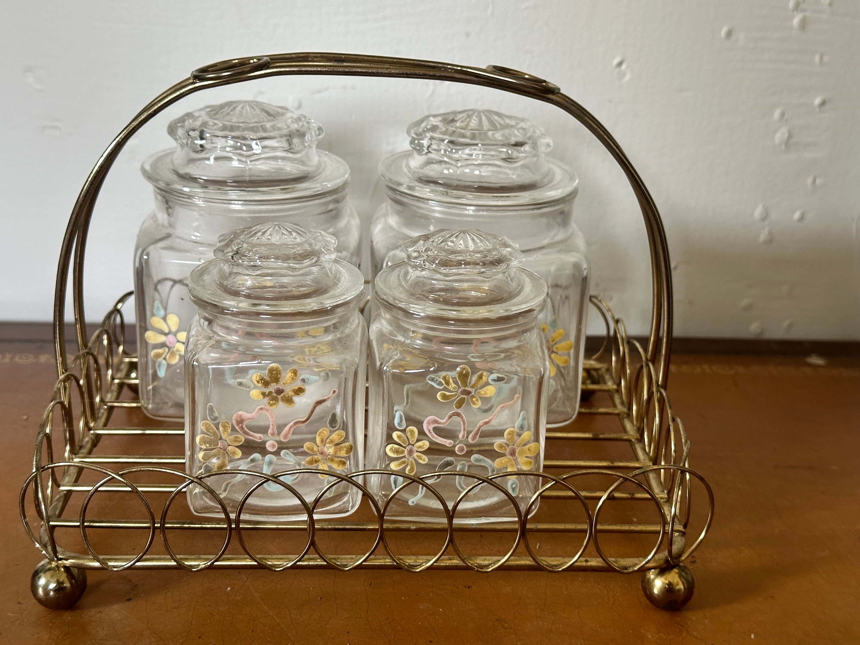 Vintage Small Canister Glass Painted Spice Jars With Brass Carrying Caddy