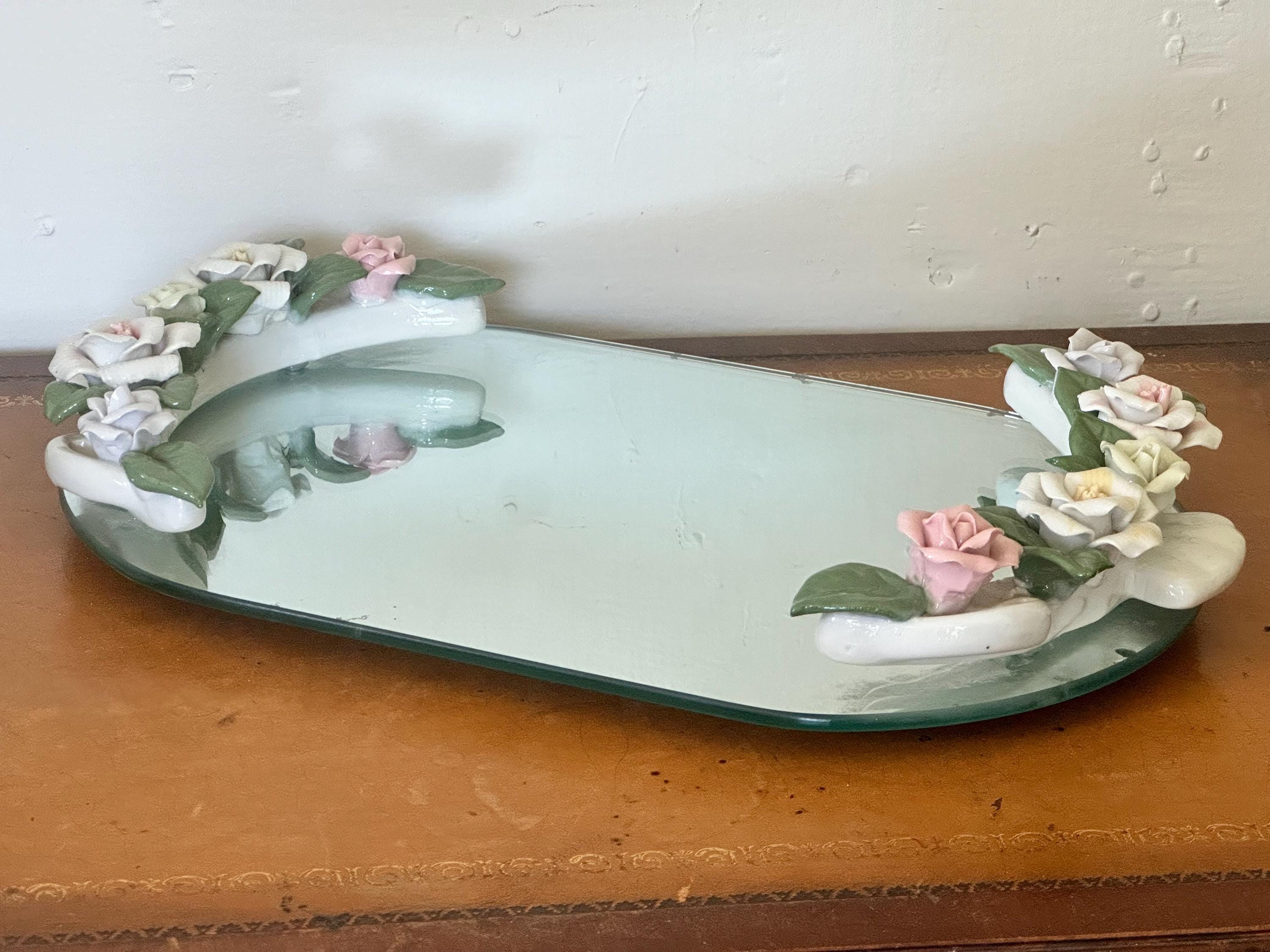 Vintage Capodimonte Porcelain Flowers Mirror Vanity Tray Oval