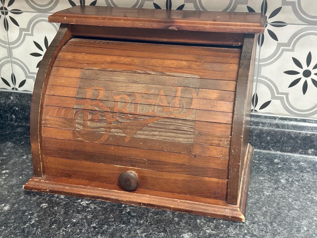 Vintage Wooden Roll Top Bread Box Carved Lettering Antique Kitchen ...