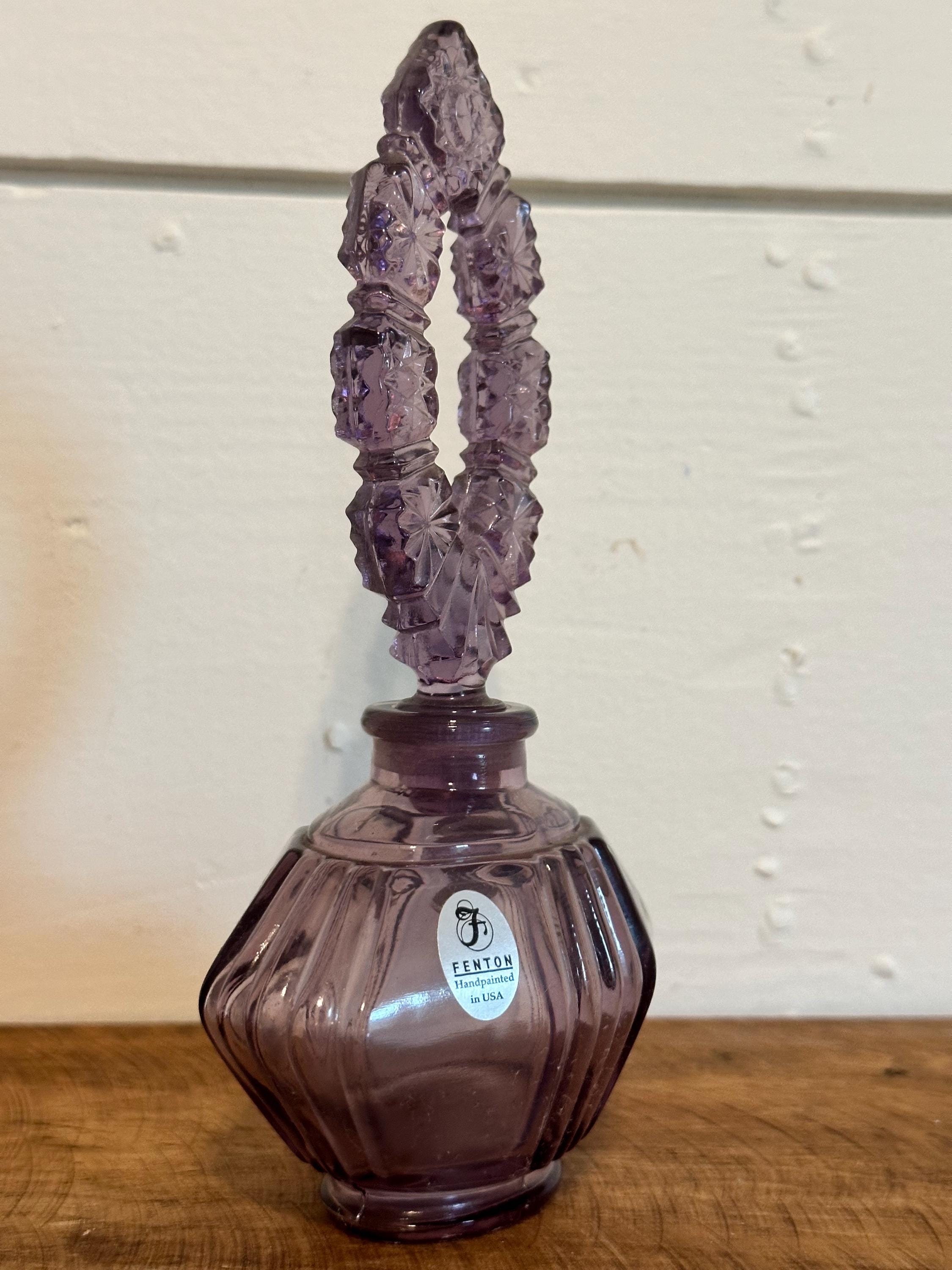 Vintage Fenton Amethyst Purple Glass Hand Painted Flowers Perfume
