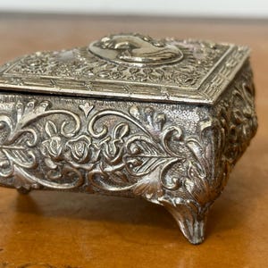 Vintage Silver Plated Metal 1970's Japan Ornate Jewelry Casket, Footed Jewelry Box, Trinket Box with Red Interior Lining