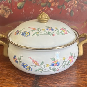 Vintage Enamelware Pot with Brass Handles and Lid | Floral Pan | Hollywood Regency | Mid Century