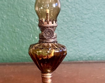 Vintage Miniature Amber Glass Oil Lamp with Metal Pedestal Base Kerosene Ribbed