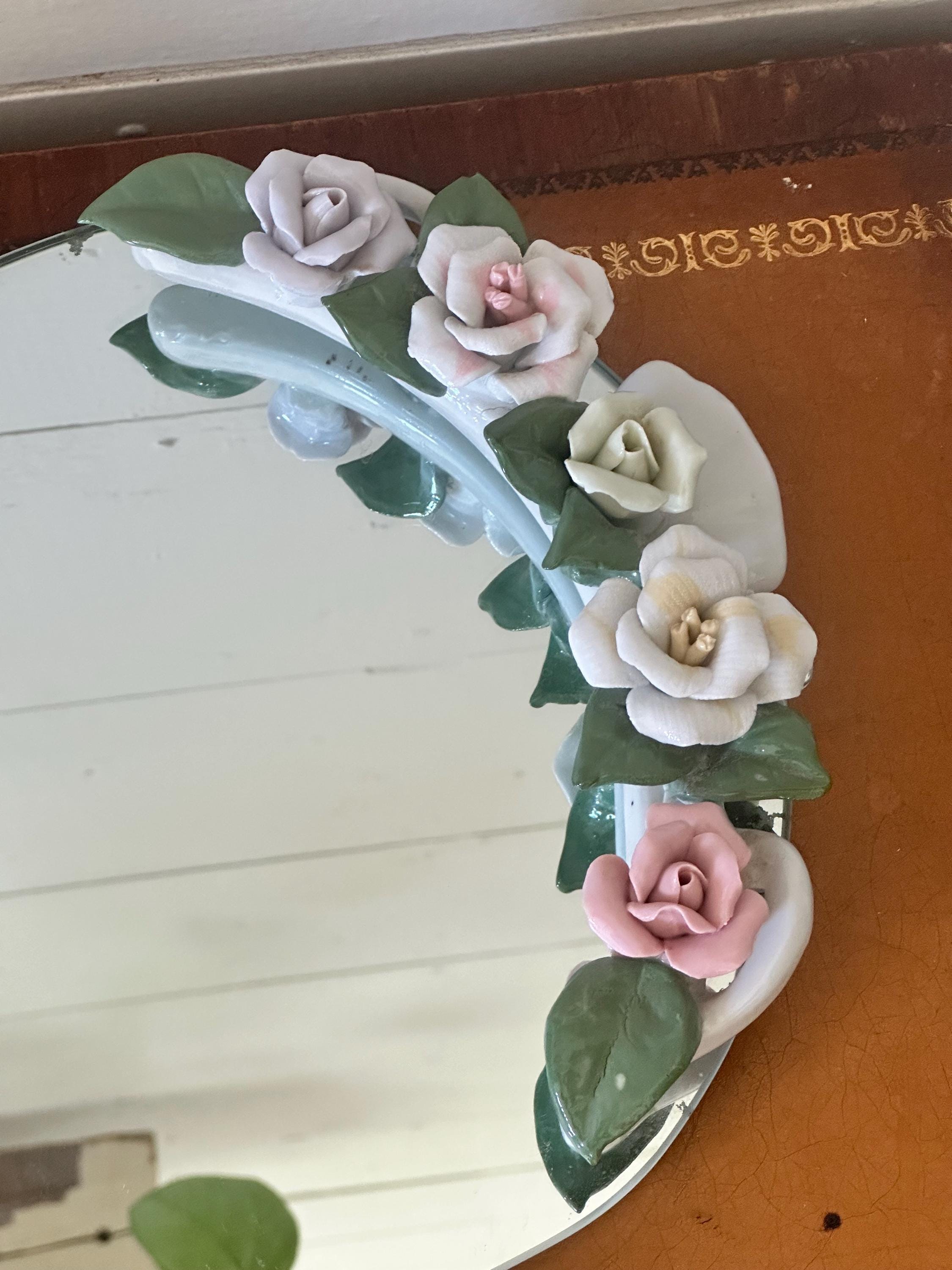 Vintage Capodimonte Porcelain Flowers Mirror Vanity Tray Oval