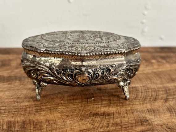 Vintage Silver Plated Footed Jewelry Box Japan Embossed